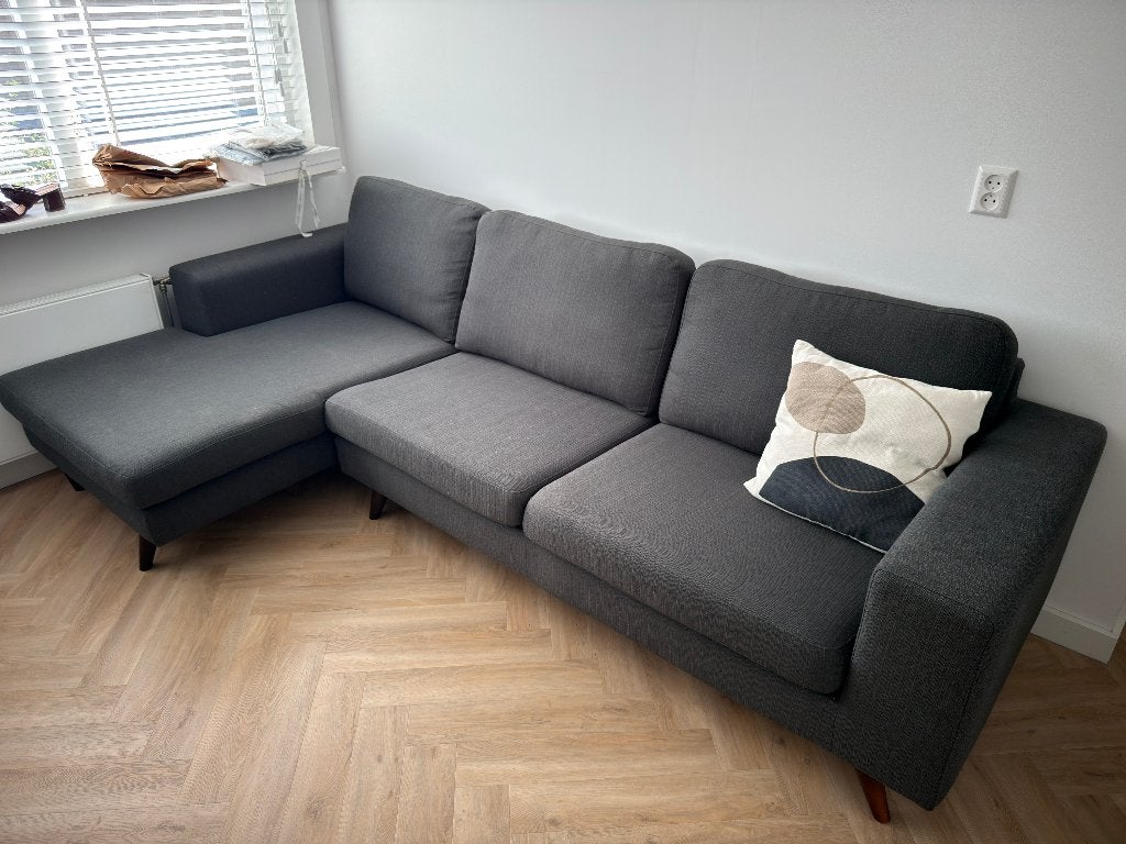Grijze hoekbank met chaise longue, Ophalen, 250 tot 300 cm, Gebruikt, Hoekbank
