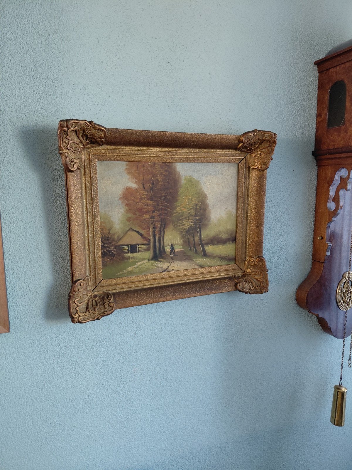 antiek schilderij boerderij met bomen geschilderd gesigneerd, Antiek en Kunst, Kunst | Schilderijen | Klassiek, Paneel, Ophalen of Verzenden