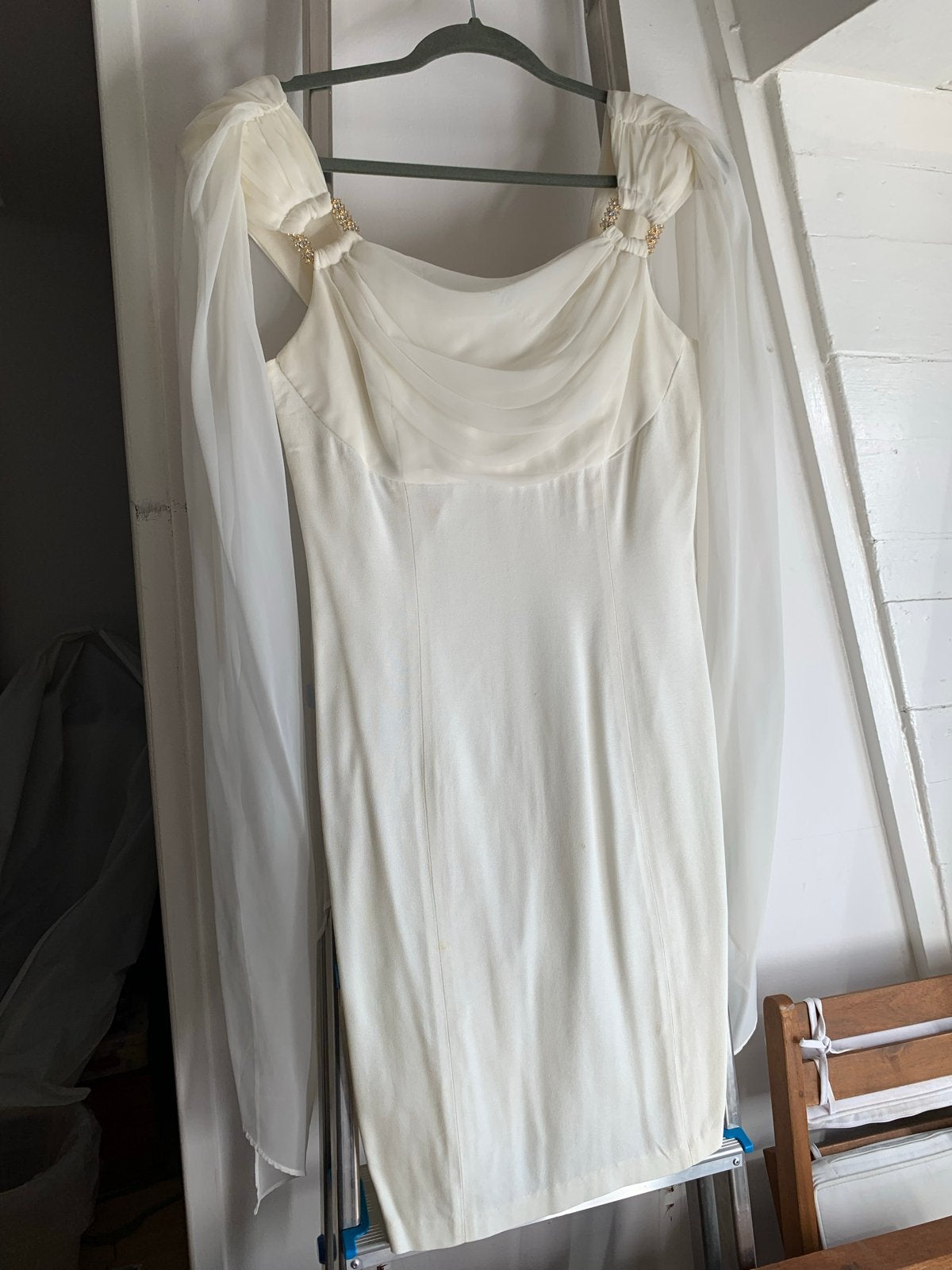Vintage witte jurk met engelenvleugel mouwen - Maat 38, Maat 38/40 (M), Wit, Ophalen of Verzenden, Knielengte