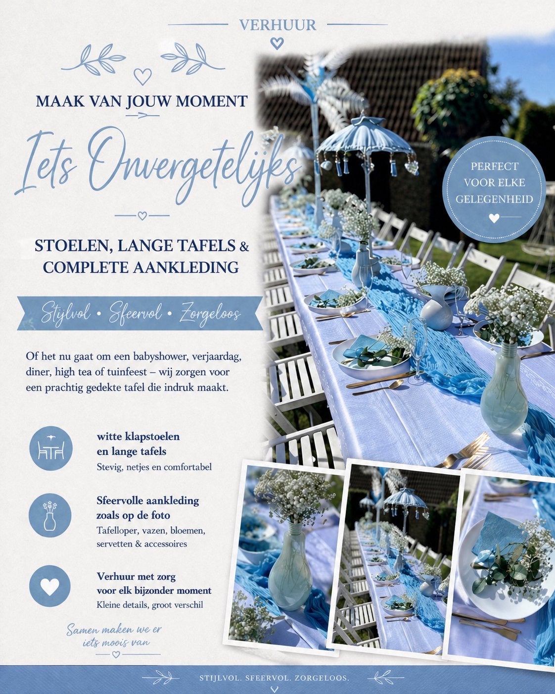 Verhuur witte stoelen  en tafels en eventueel aankleding., Ophalen, Gebruikt, Overige