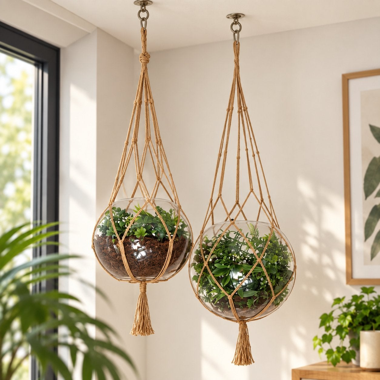 2x hangende glazen plantbollen / terrarium met macramé, Ophalen, Minder dan 100 cm