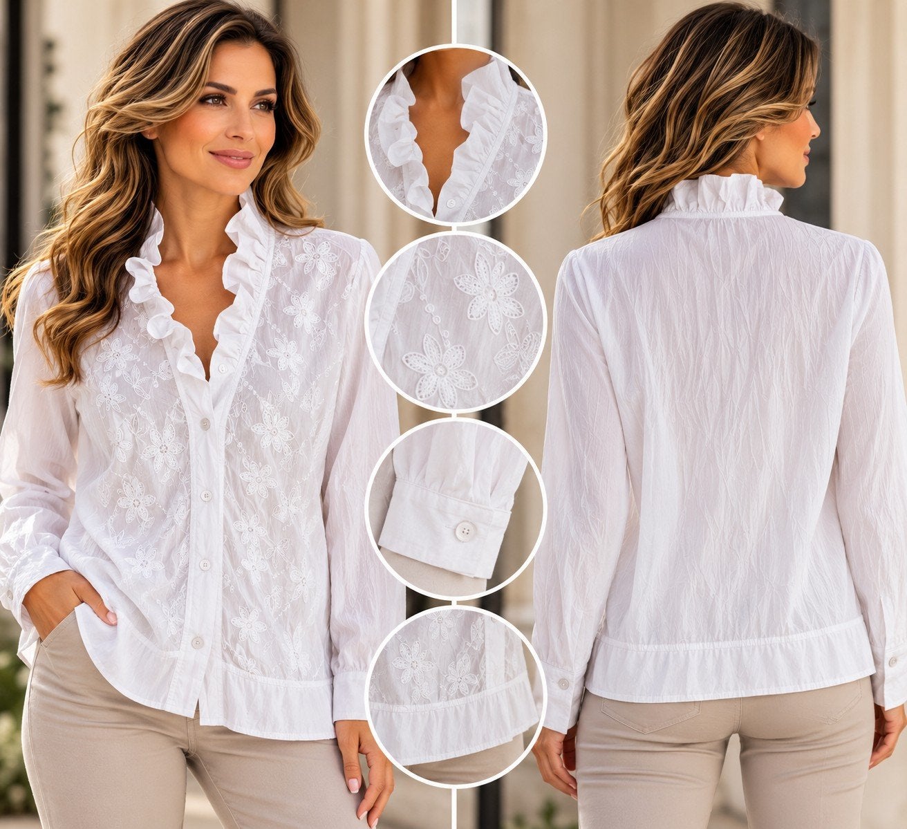 Elegante witte blouse met ruches en bloemenborduursel, Kleding | Dames, Verzenden, Wit, Maat 42/44 (L), Nieuw