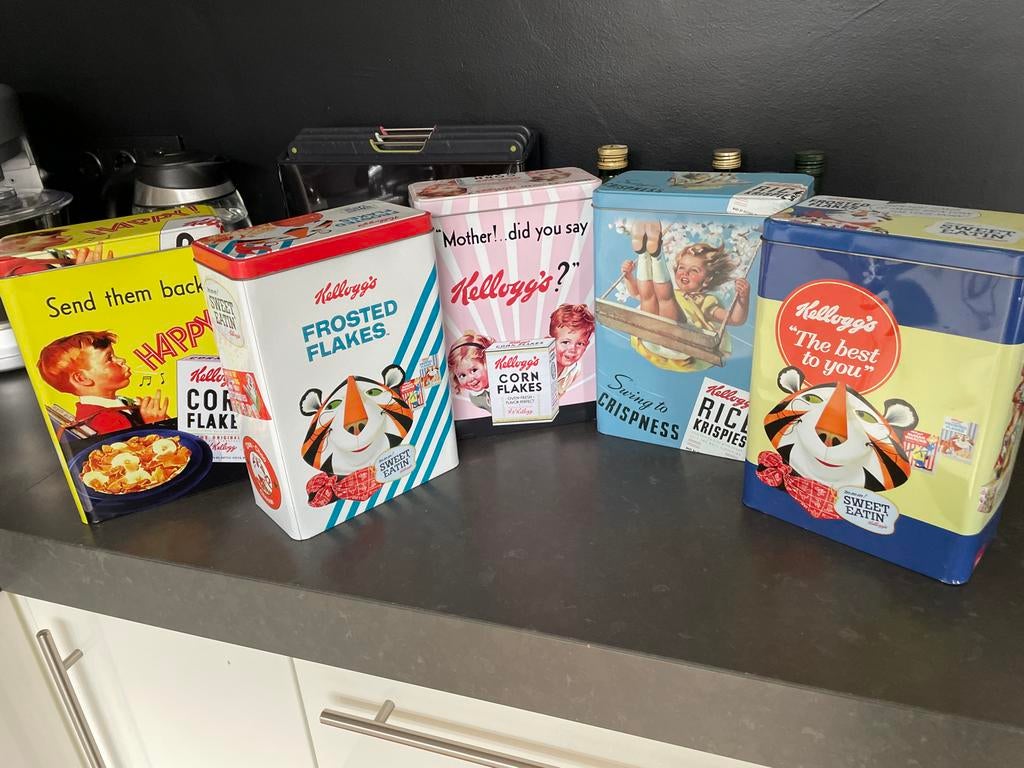 Set van 6 vintage Kellogg's voorraadblikken, Ophalen of Verzenden, Zo goed als nieuw, Koek(jes), Overige merken