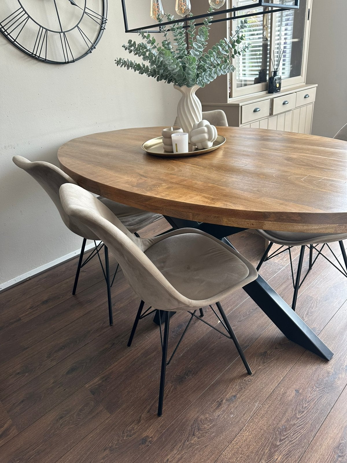 4 Prachtige Taupe Velours Kuipstoelen, Ophalen, Zo goed als nieuw, Rond, 50 tot 100 cm