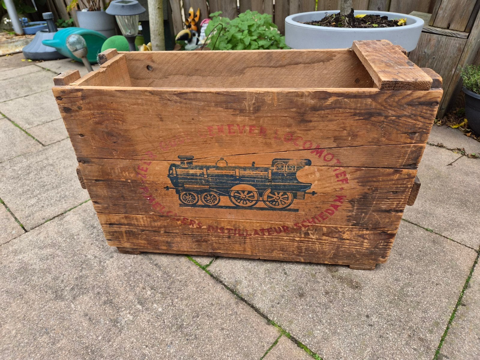 Vintage houten jenever kist met Treinprint - Decoratief & Op, Ophalen of Verzenden