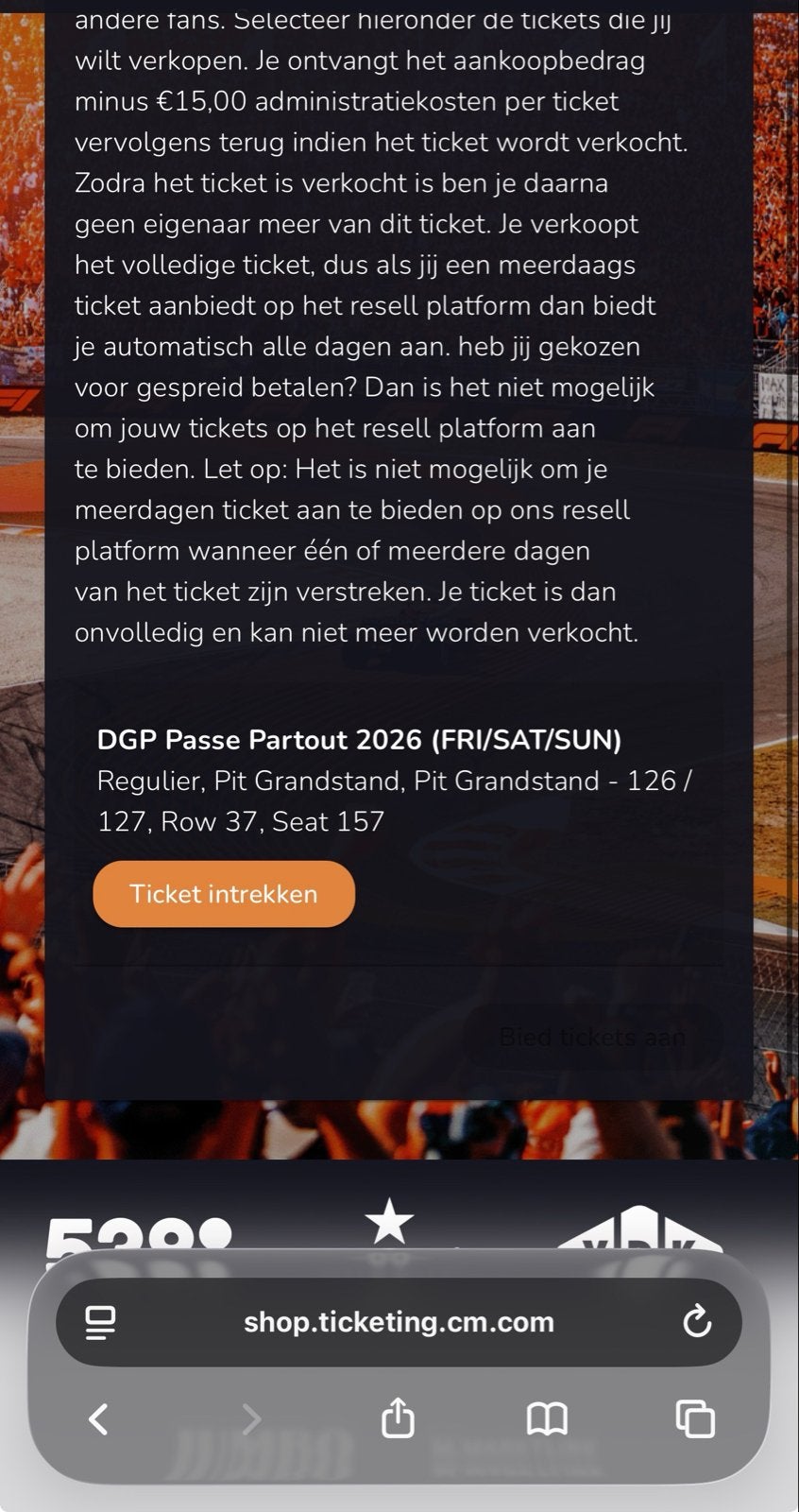 1x ticket F1 Zandvoort hele weekend, Tickets en Kaartjes, Eén persoon, Augustus