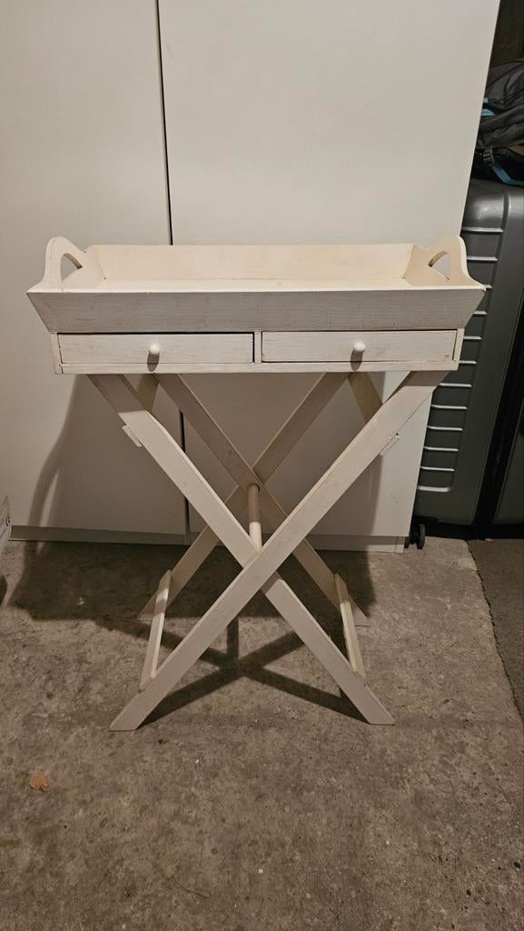 Vintage Bijzettafel met Lade en Dienblad - Wit Hout, Gebruikt, 55 tot 75 cm, Vintage, Landelijk, Rechthoekig