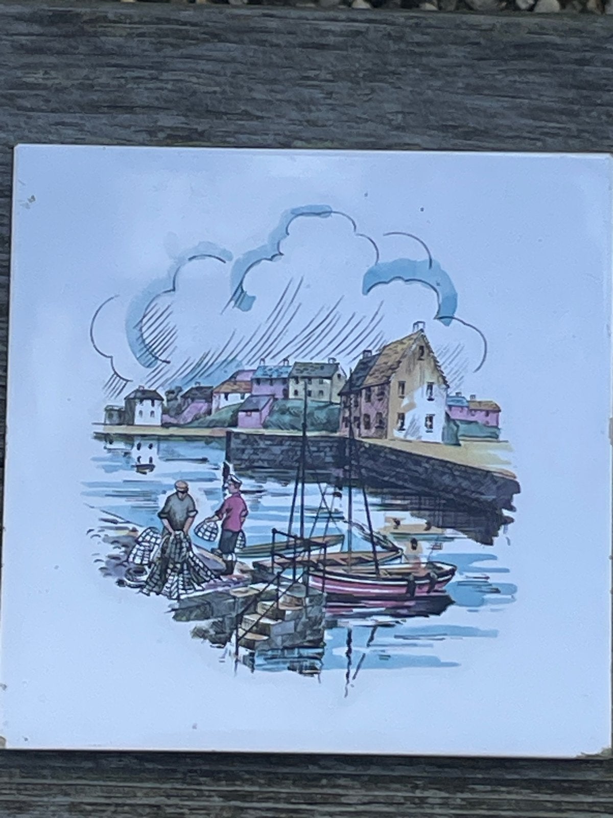 Vintage tegel met vissers aan de haven, Ophalen of Verzenden