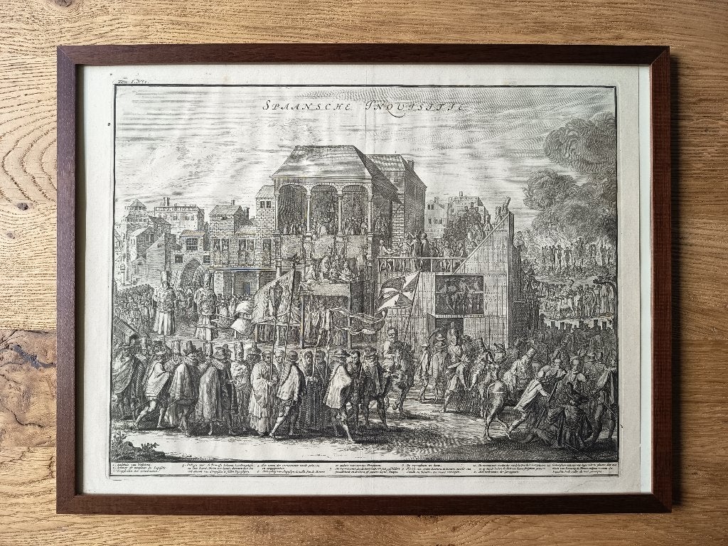 originele kopergravure 18e eeuw - Spaansche Inquisitie, Religie, 42 cm, Gravure, Ingelijst