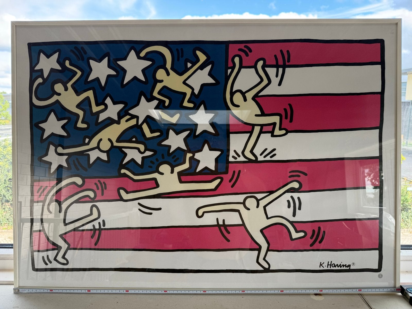 Keith Haring - Vlag van Amerika (ingelijst), Antiek en Kunst, Overig onderwerp, Papier/karton, Ophalen of Verzenden, Ingelijst