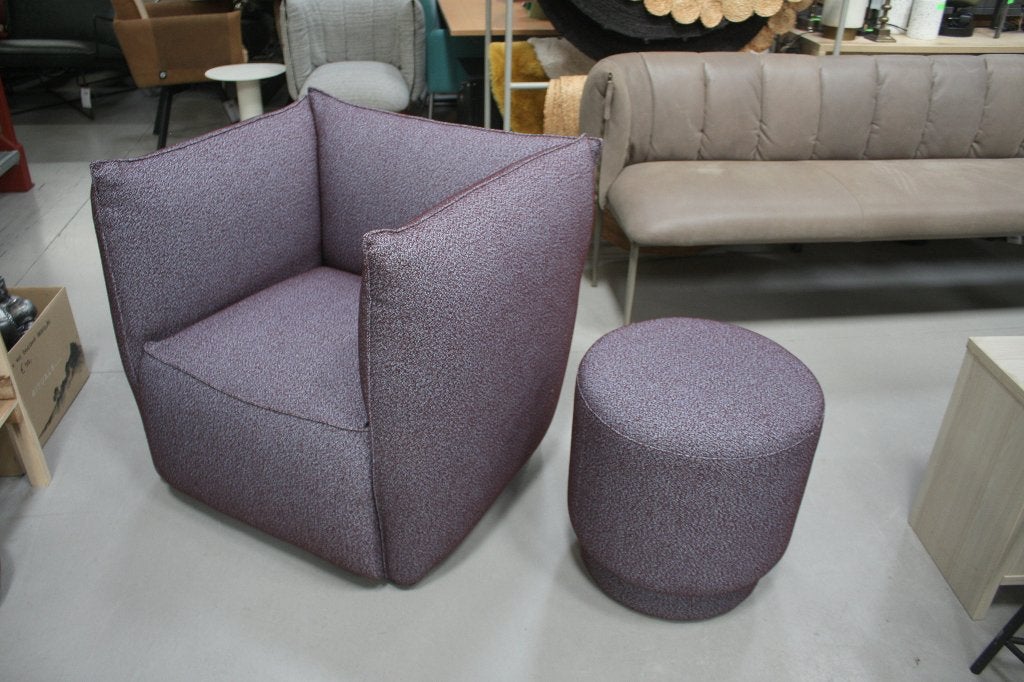 Luxe fauteuil VASA + ronde hocker TRAY Jess Design stof, Huis en Inrichting, Ophalen, 75 tot 100 cm, Zo goed als nieuw, 75 tot 100 cm