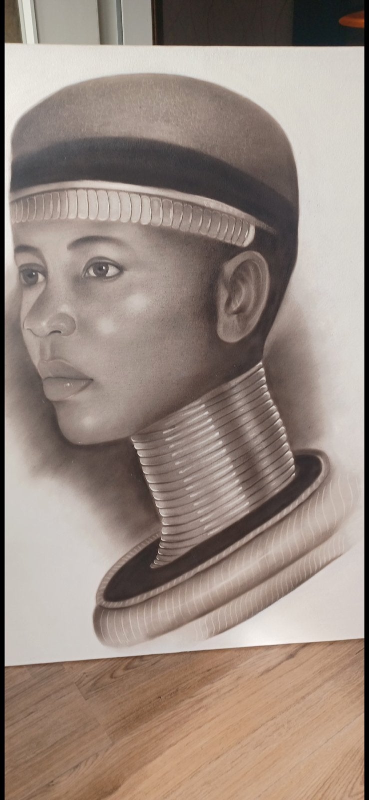 Portret van Afrikaanse vrouw met halsringen, Ophalen, Handgeschilderd, Olieverf, Portret