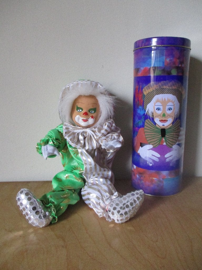 Harlekijn, clown in blik, Ophalen of Verzenden, Gebruikt, Pop