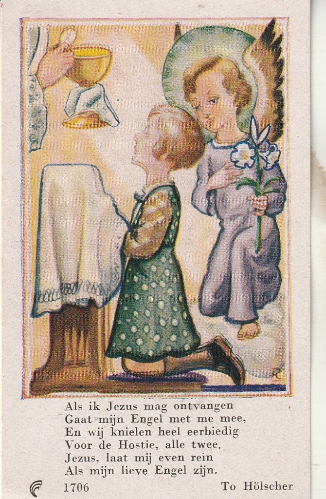 Antieke Eerste Communie Prent met Engel en Kind, Ophalen of Verzenden, Gebruikt, Kaart of Prent, Christendom | Katholiek