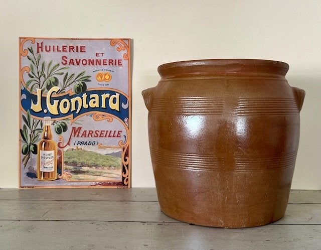 Vintage grote bruine olijven pot grès pot met grepen
