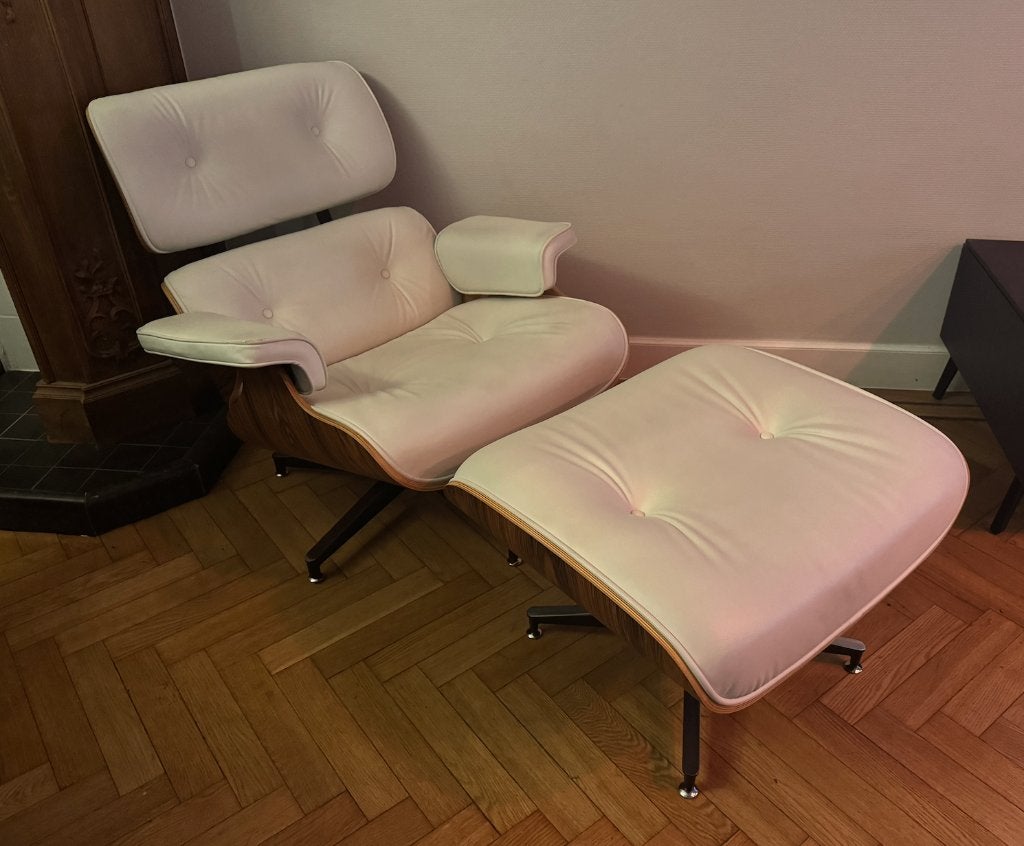 Eames Lounge Chair XL + Ottoman – Wit Echt Leder – Replica, Ophalen, Zo goed als nieuw, Hout