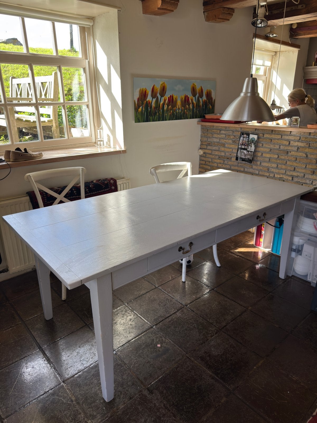 Kersenhouten tafel met twee lades, Huis en Inrichting, Ophalen, Gebruikt, 200 cm of meer, 50 tot 100 cm