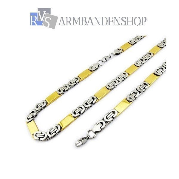 RVS Bi color sieraden set platte koningsschakel gold ketting, Ophalen of Verzenden, Nieuw, Goud, Overige materialen