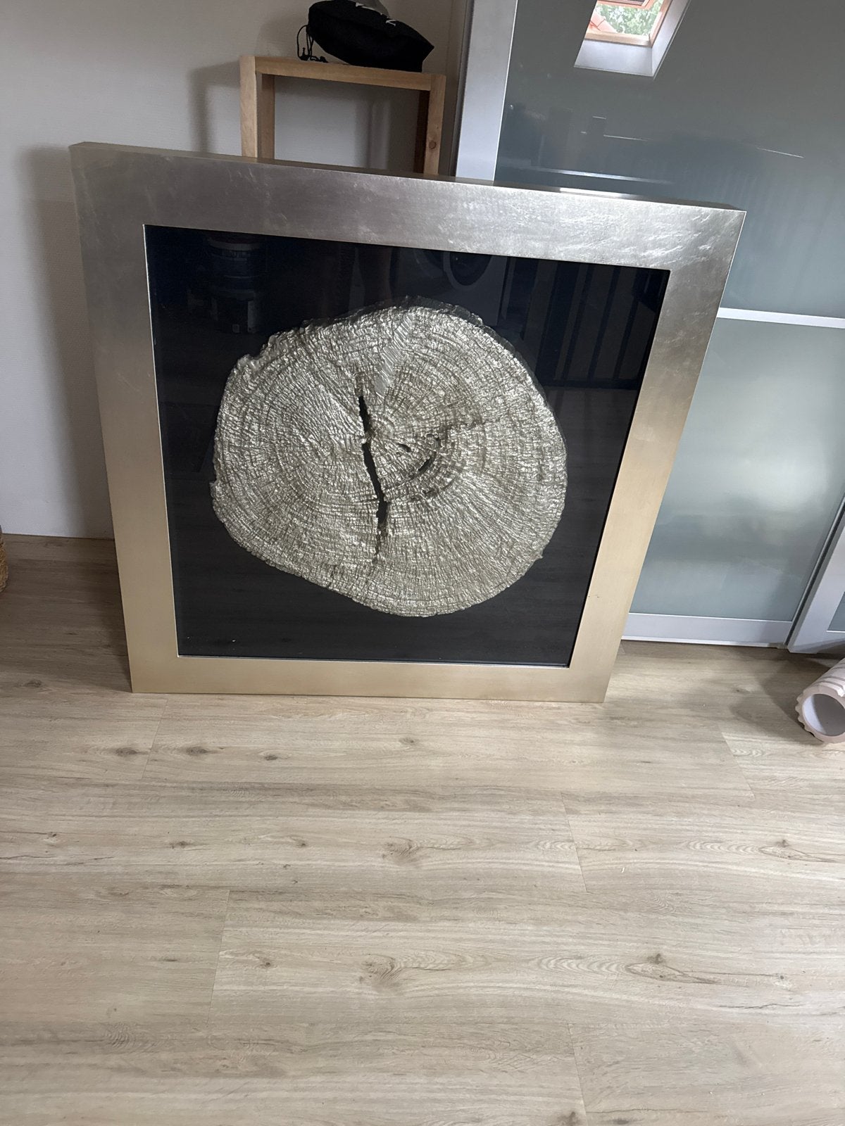 Wanddecoratie Houtschijf in Lijst - Modern & Uniek, Ophalen, Gebruikt, Zilver, Hout