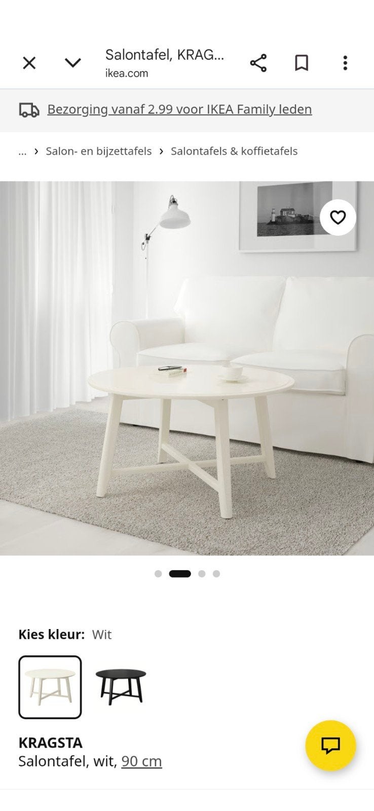 IKEA KRAGSTA Salontafel, wit, 90 cm, Ophalen, Gebruikt, 50 tot 100 cm, Rond