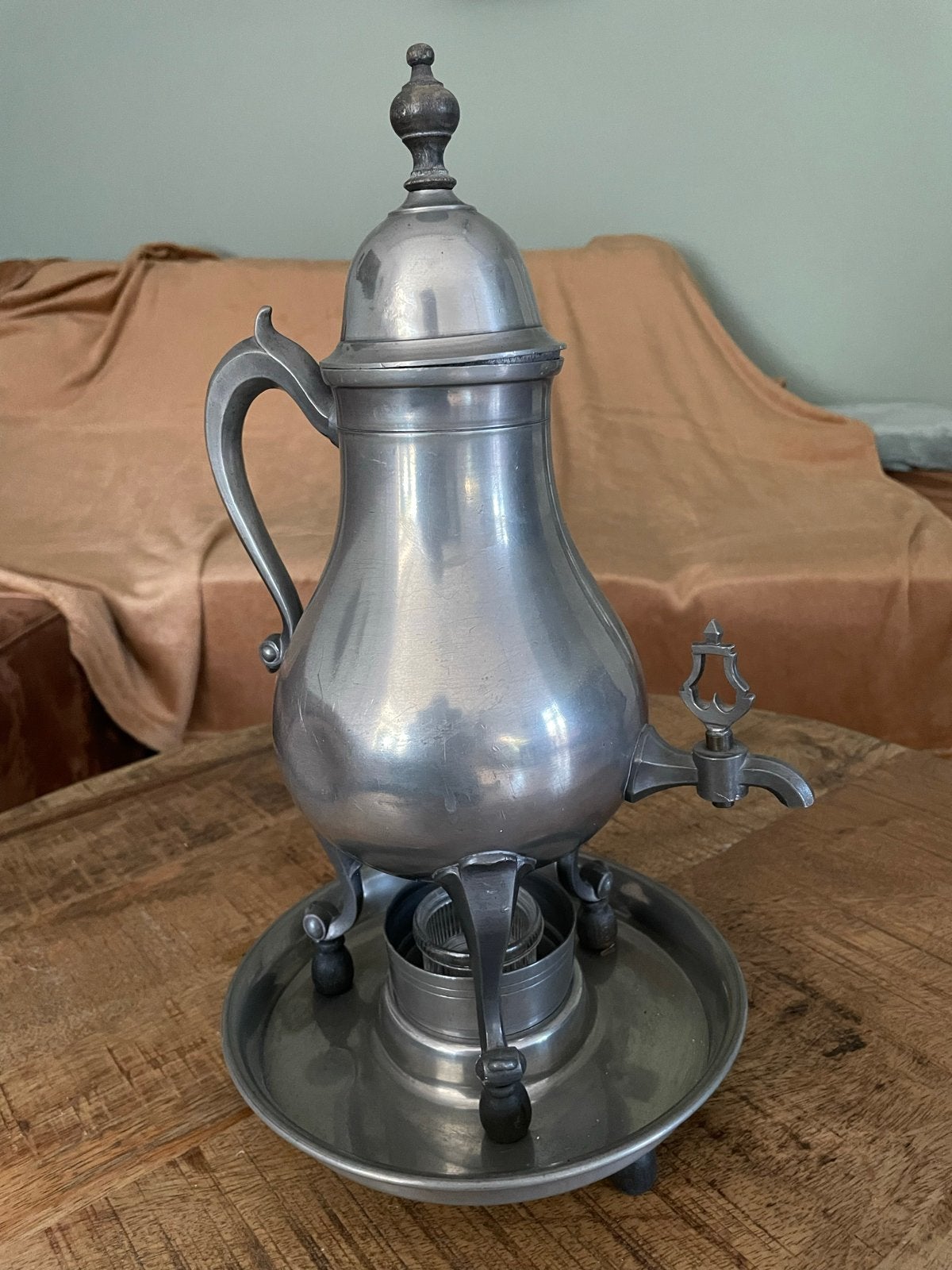 Antieke tinnen koffiekan met brander en schaal, Antiek en Kunst, Antiek | Tin, Ophalen of Verzenden