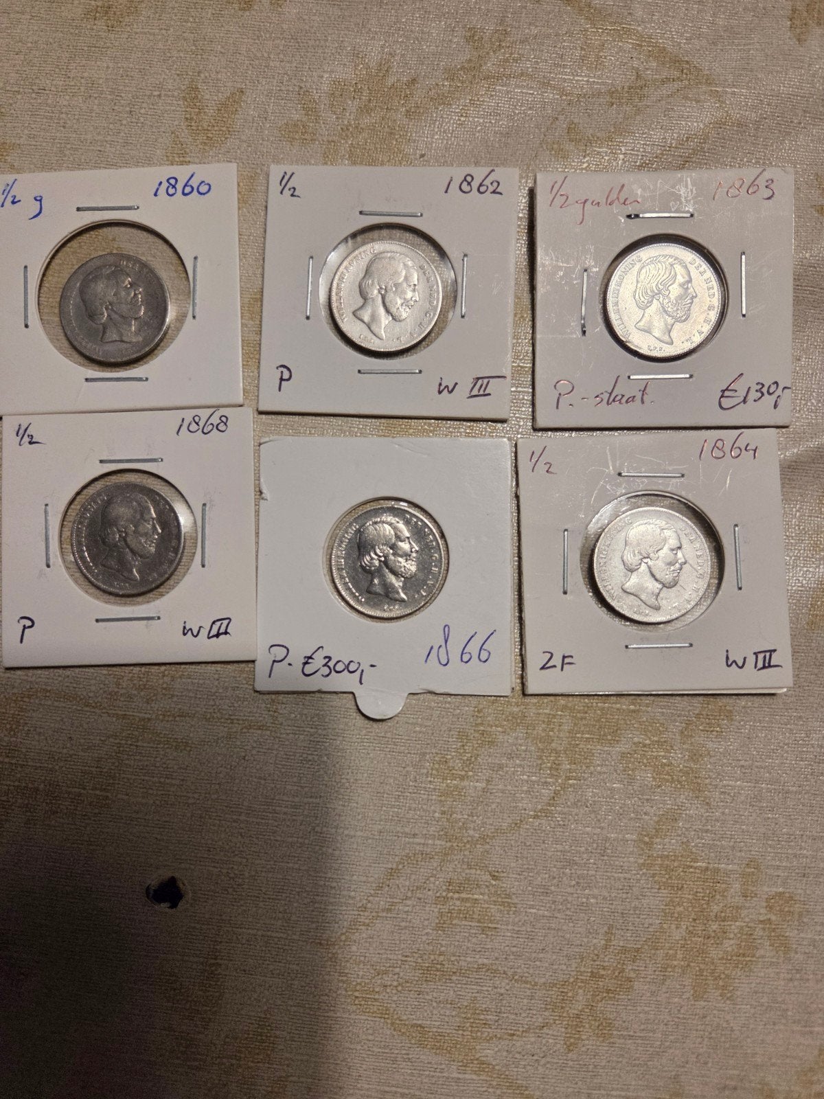 Set van 6 zilveren halve guldens Koning Willem III, Postzegels en Munten, Munten | Nederland, ½ gulden, Koning Willem III, Setje