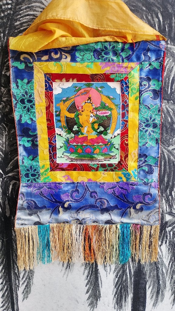 Tibetaanse handgeschilderde Manjushri Tanga met zijdebrokaat, Antiek en Kunst, Ophalen of Verzenden