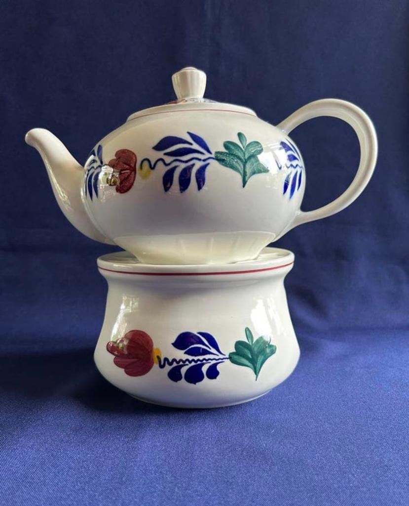 Boerenbont theepot met rechaud, Gebruikt, Overige typen, Ophalen of Verzenden, Aardewerk