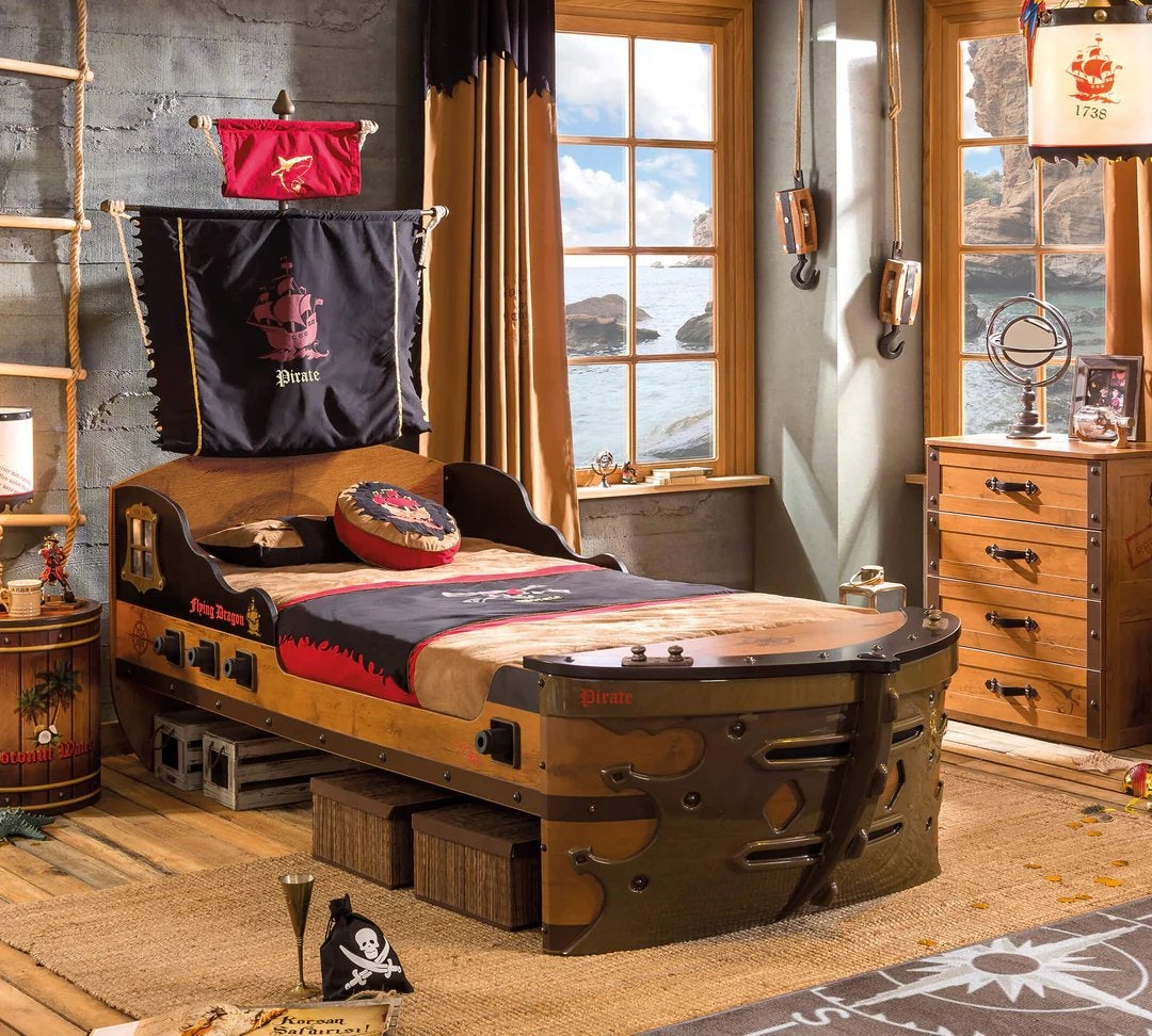 Cilek Piratenbed - Stevig kinderbed voor avonturiers, Ophalen, Eenpersoons, Bruin, 200 cm