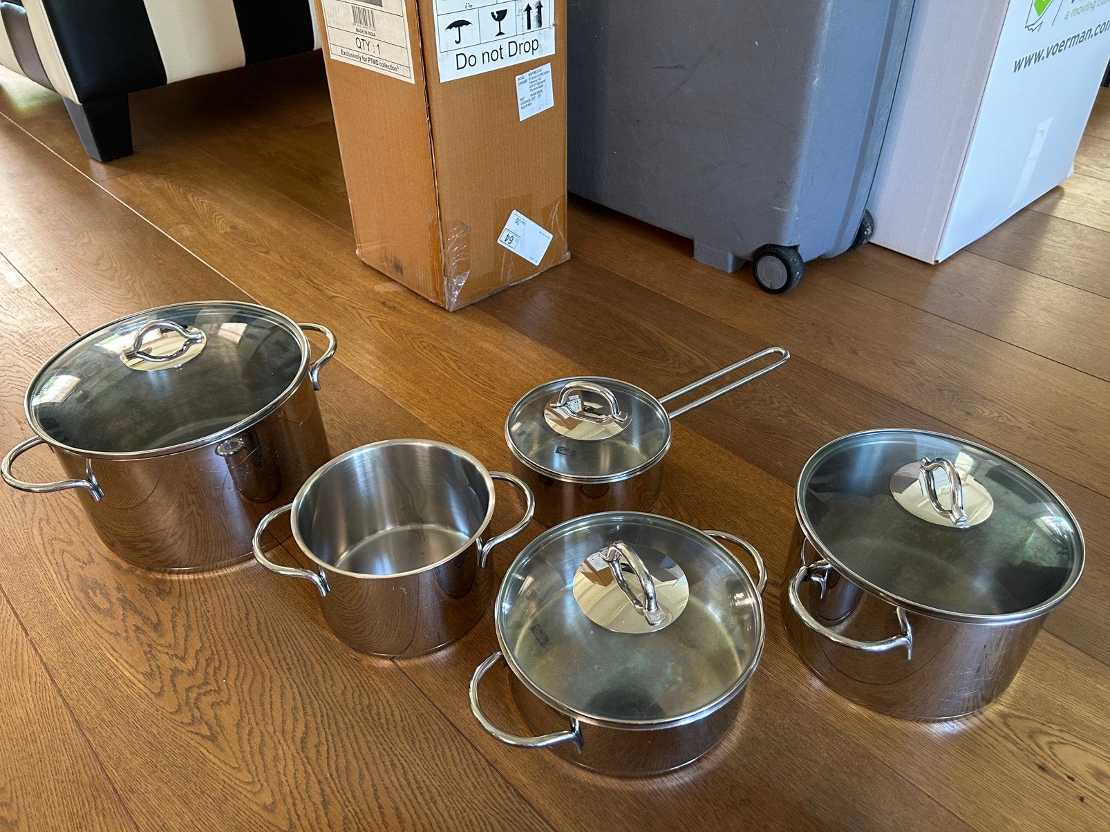 Fissler pannenset met glazen deksels 5 pannen, Huis en Inrichting, Keuken | Potten en Pannen, Ophalen, Gebruikt, Met deksel, Pannenset