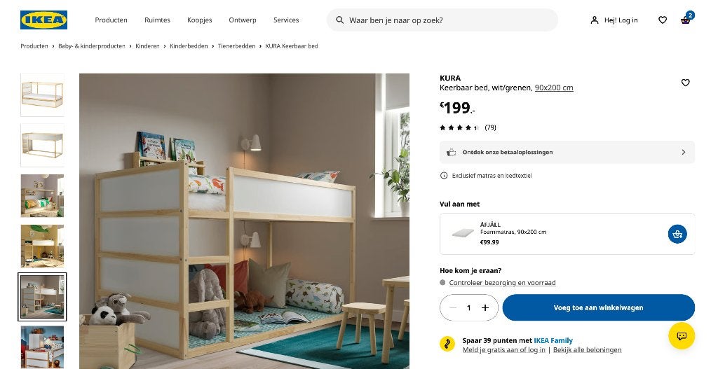 Stapelbed Kura, Huis en Inrichting, Ophalen, 90 cm, 160 tot 180 cm, Tweepersoons