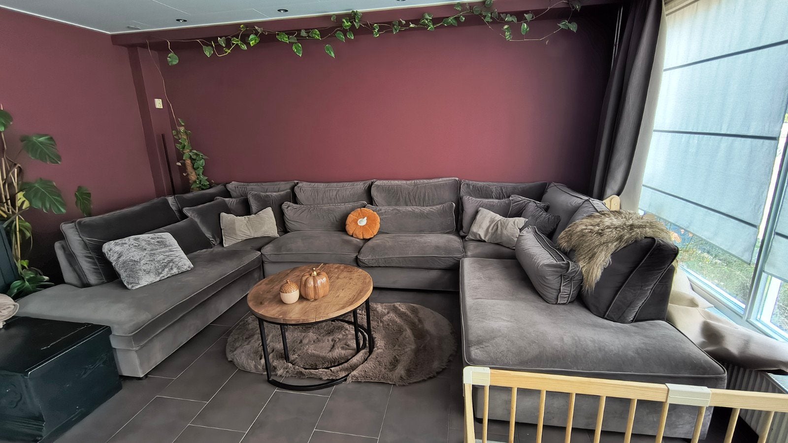 Grote taupe velours hoekbank - 397cm breed, Ophalen, Modern, Comfortabel, Gebruikt, 100 tot 125 cm