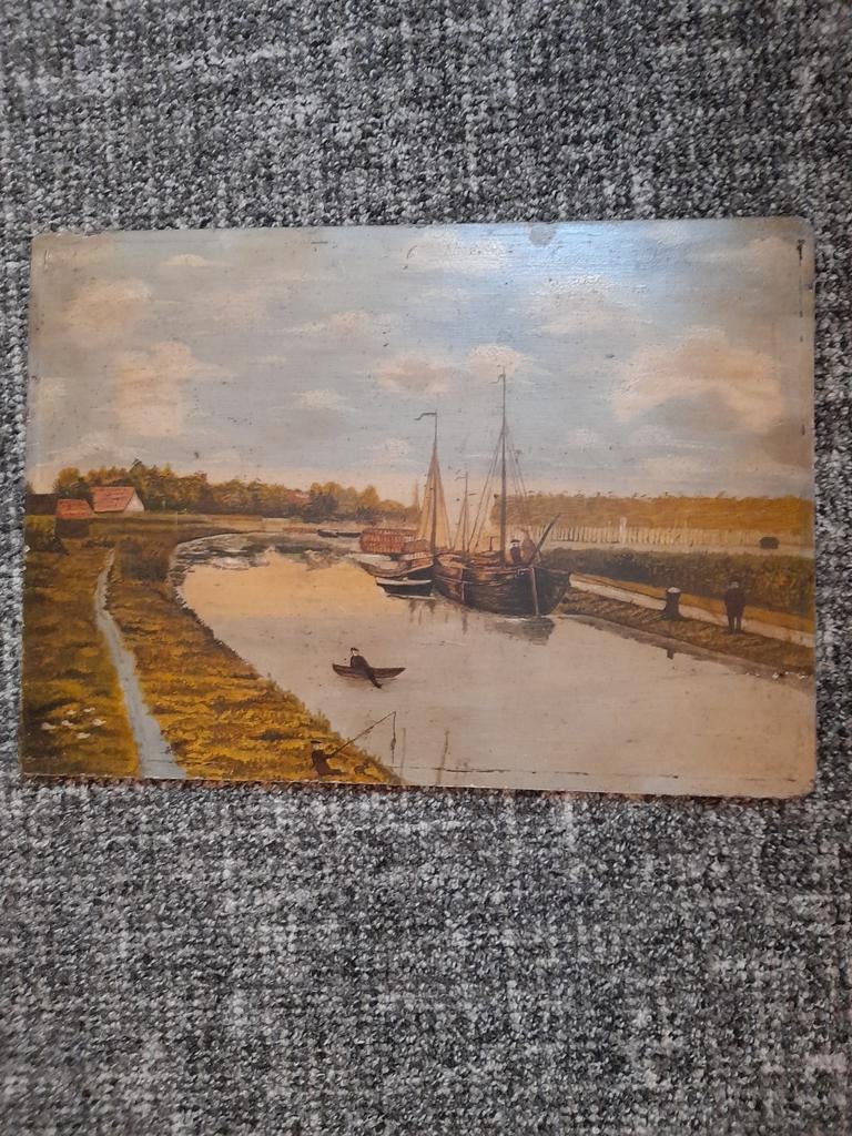 Oud schilderij van een Hollands landschap met boten, Antiek en Kunst, Ophalen of Verzenden