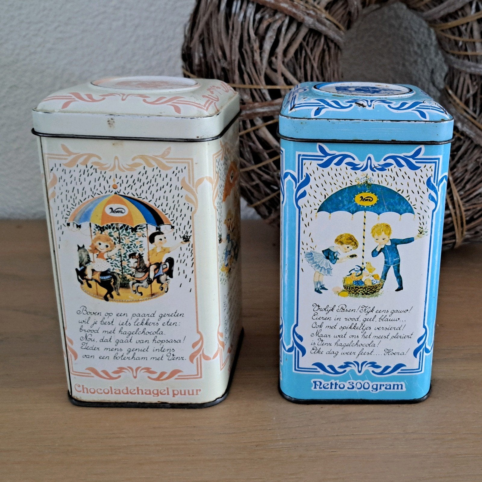 2 vintage blikken Venz melk en pure chocoladehagelslag, Verzamelen, Ophalen of Verzenden, Gebruikt, Overige, Overige merken