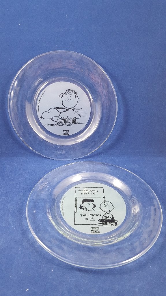 2 x glazen bordje Snoopy, Peanuts, 50 jaar jubileum. 5B2, Tweedehands verkoop, Tweedehands verkoop, Gebruikt, Beeldje of Figuurtje