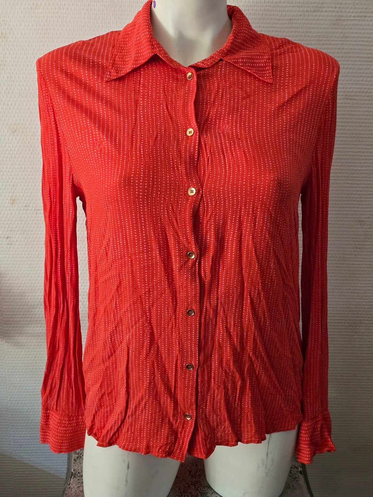 Pinko Blouse Rode Crêpe met Witte Stippen Maat 42/44, Ophalen of Verzenden, Gedragen, Maat 42/44 (L), Rood