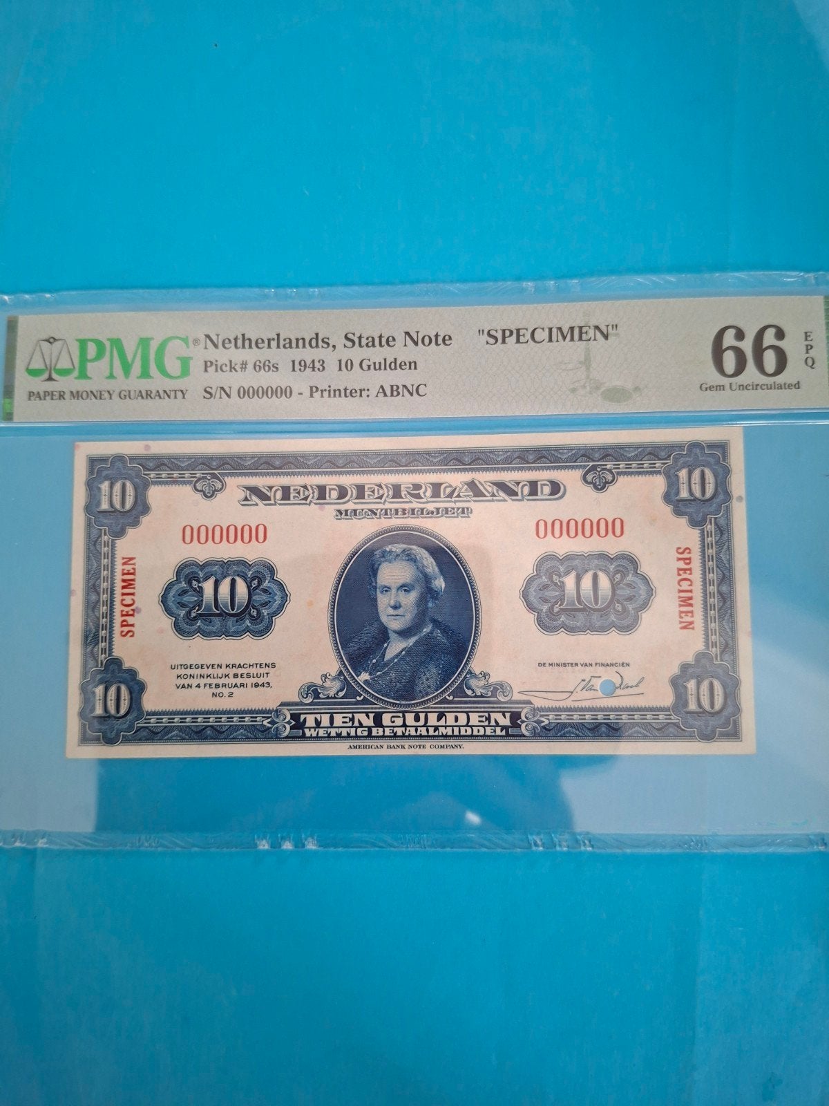10 gulden Wilhelmina SPECIMEN uit 1943 in UNC gekeurd PMG 66, Ophalen of Verzenden, 10 gulden, Los biljet