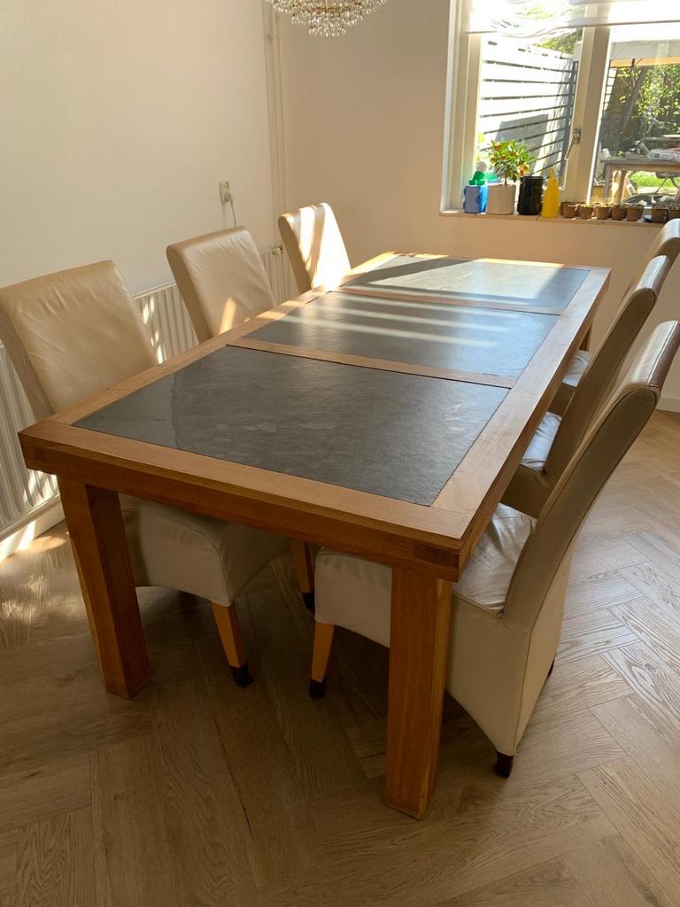 Houten eettafel met leistenen blad, Ophalen, Gebruikt, 100 tot 150 cm, 200 cm of meer