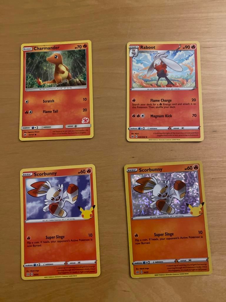 Pokémon Kaarten: Charmander, Raboot, Scorbunny (Foil), Verzenden, Zo goed als nieuw, Meerdere kaarten, Foil