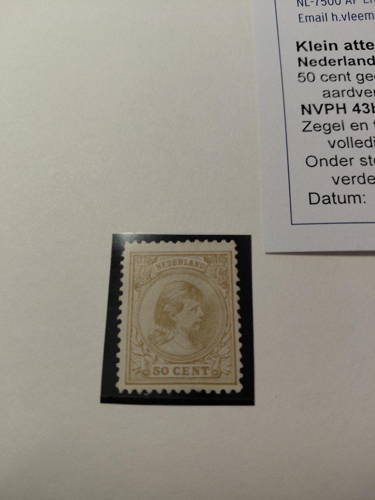 Nederland NVPH 43 koningin Wilhelmina 1891 met attest, Postzegels en Munten, Postzegels | Nederland, Ophalen of Verzenden, T/m 1940