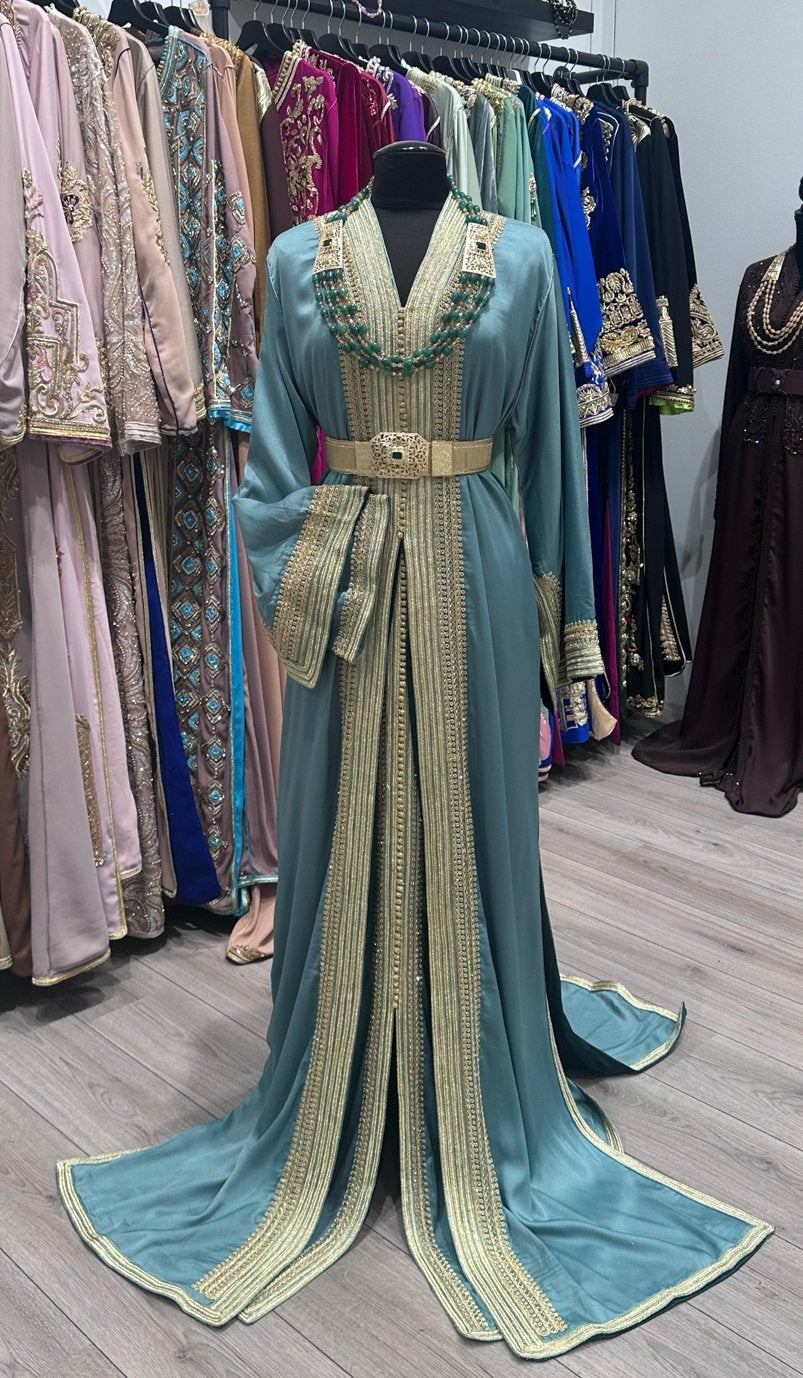 Elegante Takchita mintgroen met Gouden Details, Maat 38/40 (M), Overige typen, Blauw, Ophalen of Verzenden
