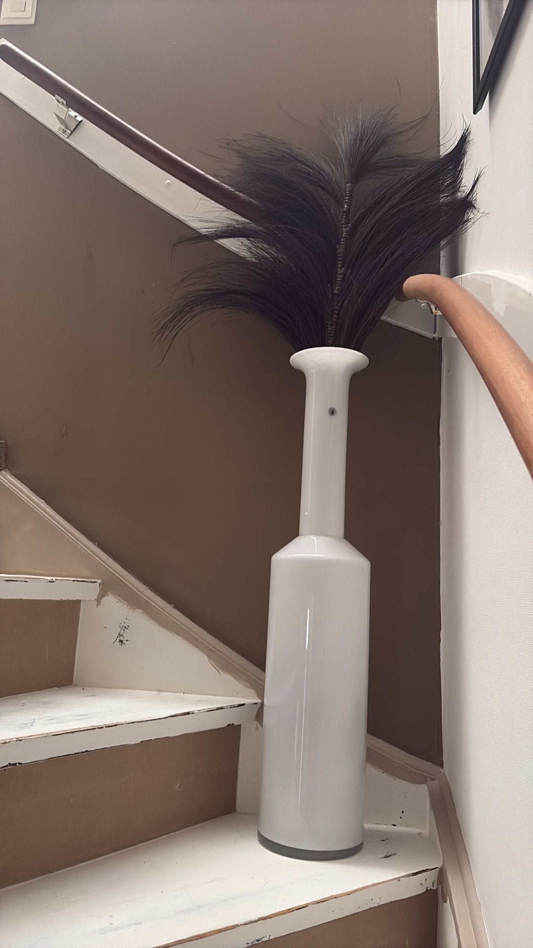 2 stuks hoge vazen met pluimen, Ophalen, Zo goed als nieuw, Wit, Glas