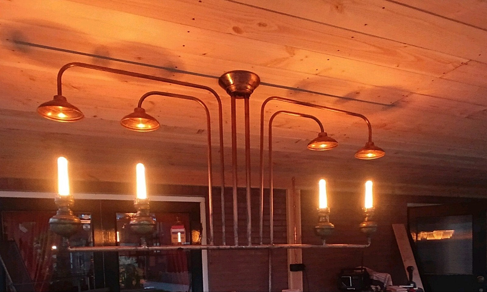 Unieke koperen hanglamp met 4 lichtpunten, Ophalen, Gebruikt, E14 (klein), Industrieel, Klassiek, Vintage