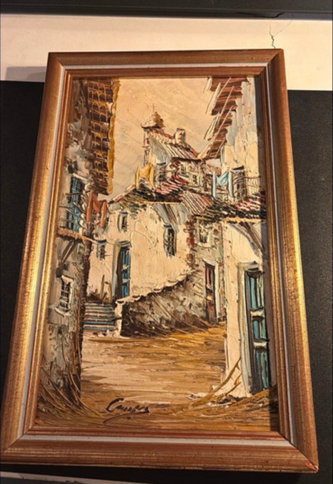 Oud schilderij van een mediterraan straatje, Ophalen of Verzenden
