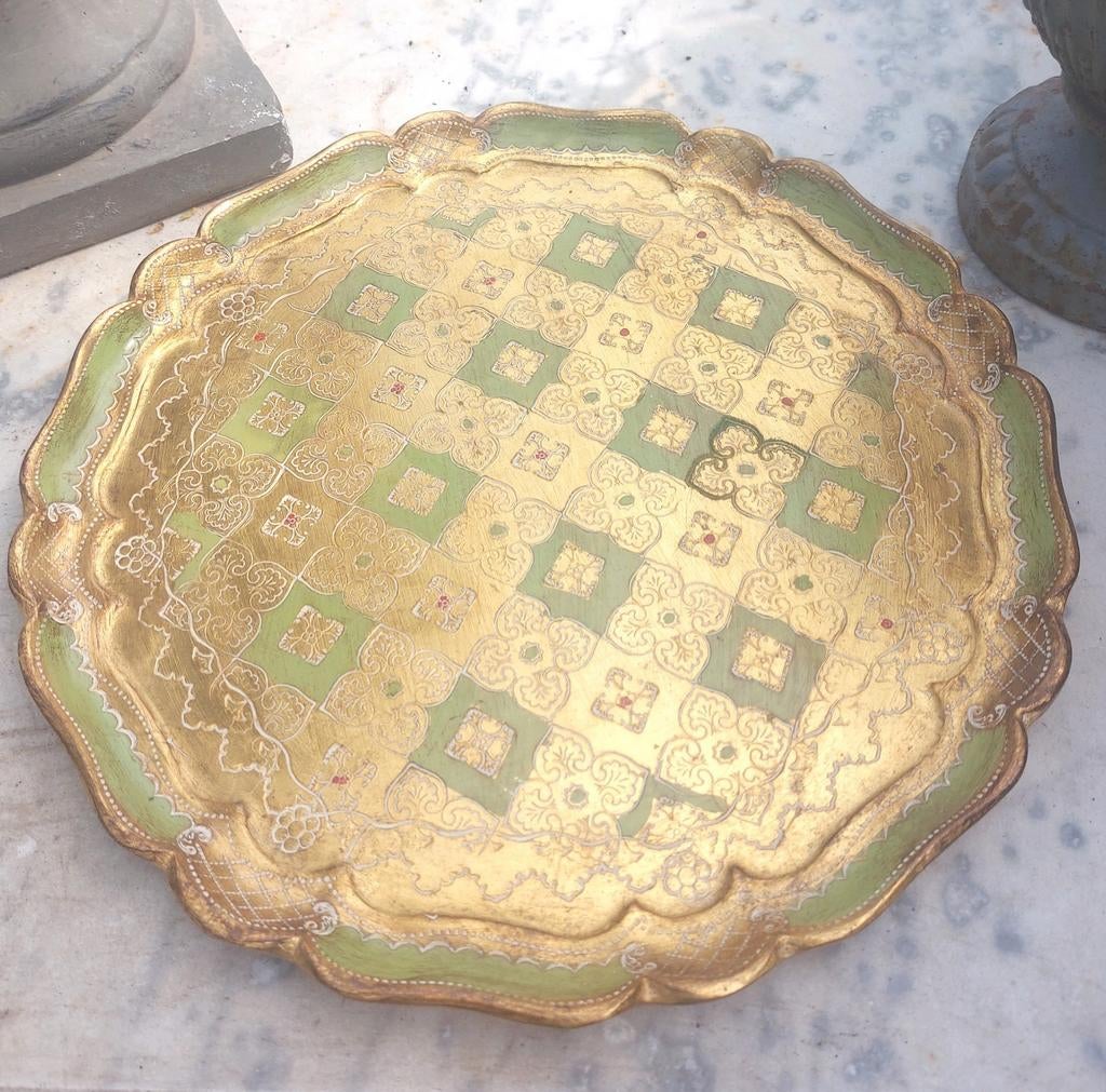 Vintage florentijns dienblad goud en groen, Huis en Inrichting, Woonaccessoires | Dienbladen, Ophalen of Verzenden, Rond
