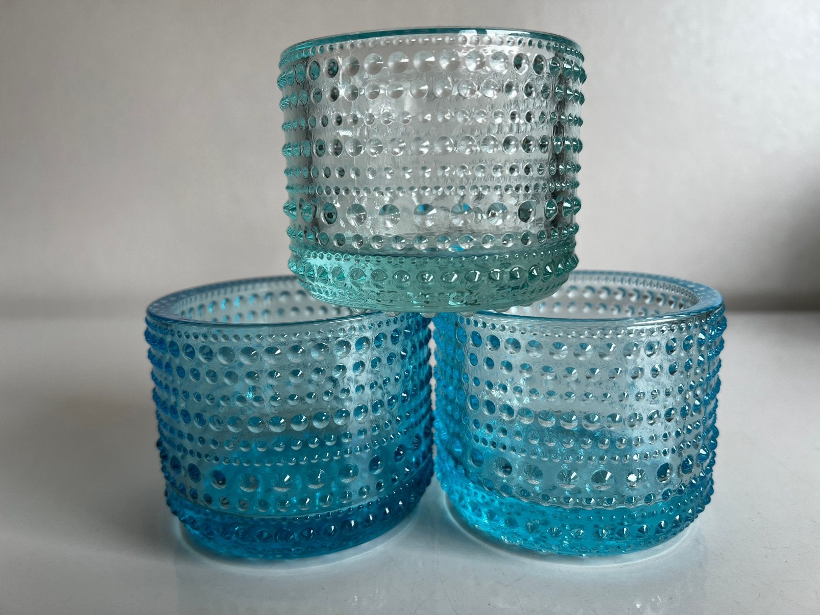 3 Iittala Kastehelmi Waxinelichthouder Watergroen Light Blue, Ophalen of Verzenden, Zo goed als nieuw, Kandelaar
