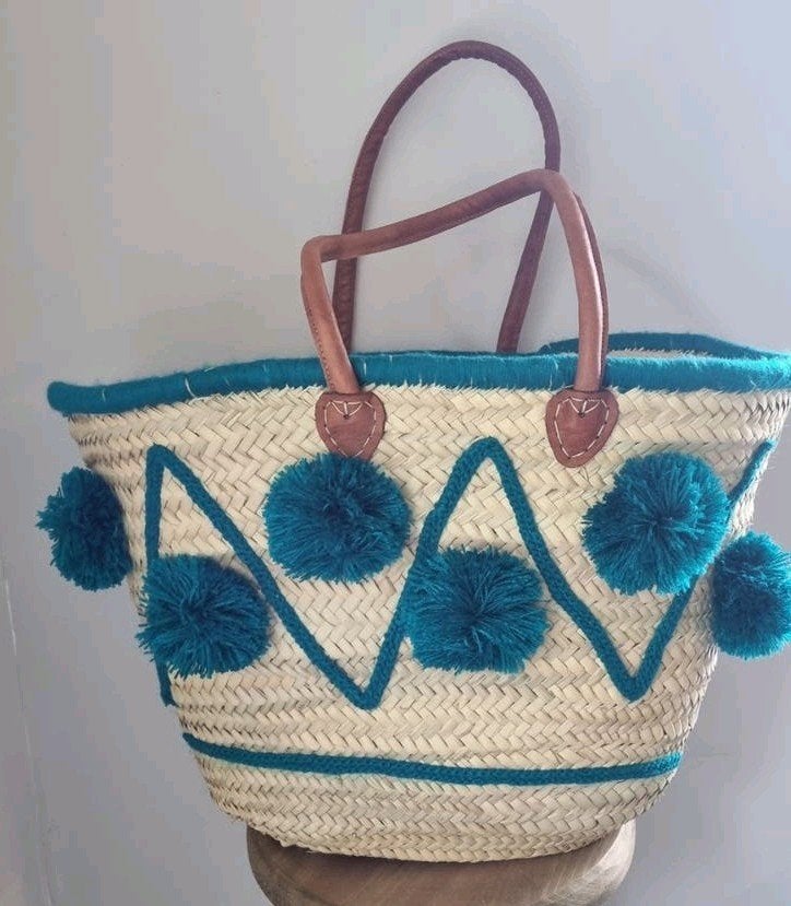Stro stand tas met pompons en leren handvatten, Ophalen of Verzenden, Zo goed als nieuw, Overige kleuren, Shopper