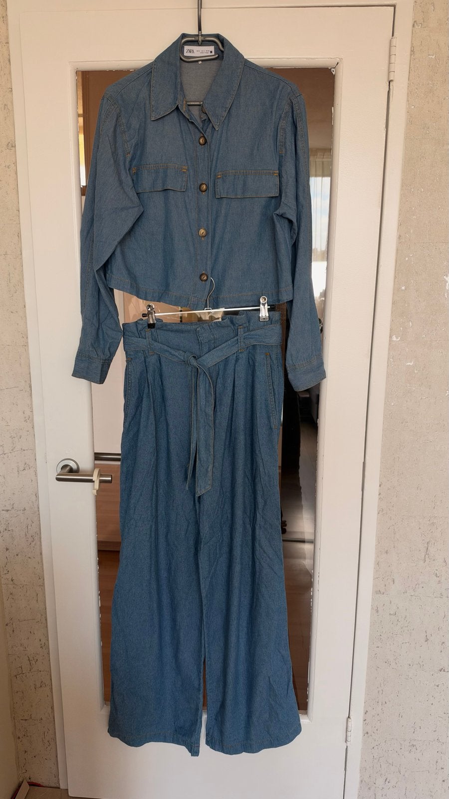 Zara denim set: cropped blouse en wijde broek maat S, Blauw, Nieuw, Ophalen of Verzenden, Maat 36 (S)