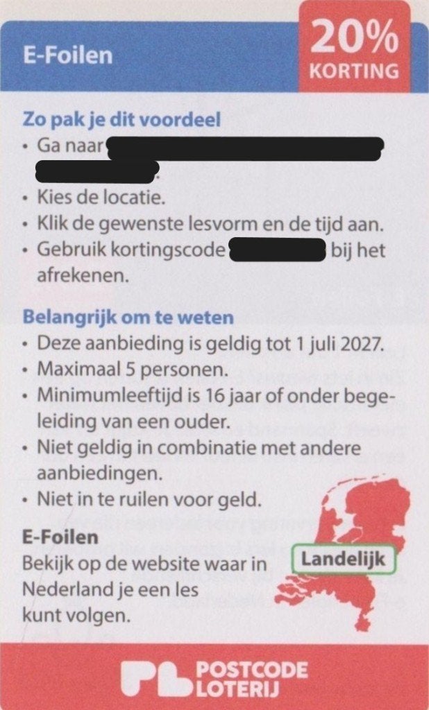 E-Foilen. Zweef boven ’t water. 20% korting. Postcode bon., Tickets en Kaartjes, Recreatie | Pretparken en Attractieparken, Drie personen of meer