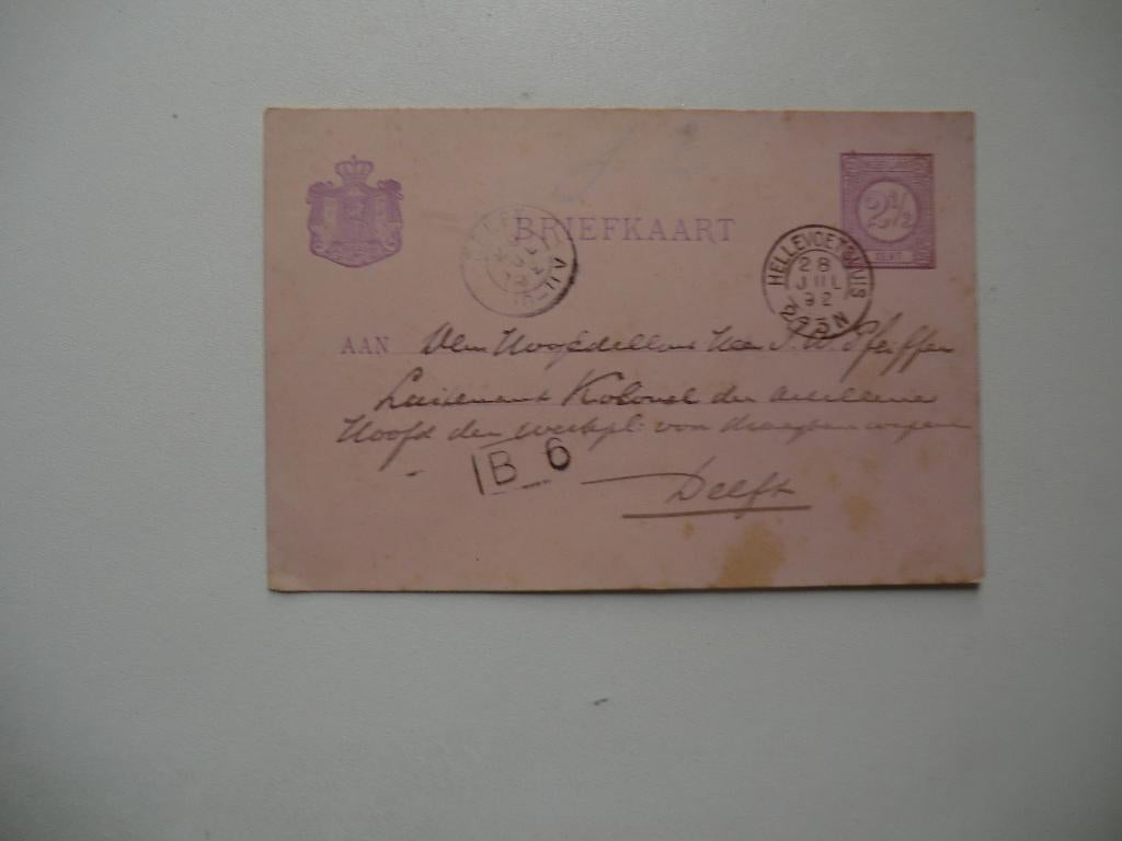 Delft,Hellevoetsluis,Dhr Pfeiffer kolonel,Leger,Militair,, Verzamelen, Verzenden, Voor 1920, Gelopen, Zuid-Holland